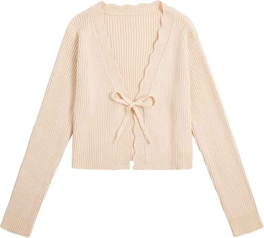 Floerns Women's Tie Front Long Sleeve Rib Knit Shrug Sweaters Cardigan Crop Top | Amazon (US)