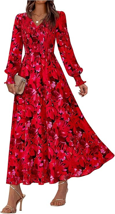BTFBM Women Spring Wedding Guest Maxi Dresses 2026 Floral V Neck Long Sleeve Boho Long Dress Vaca... | Amazon (US)