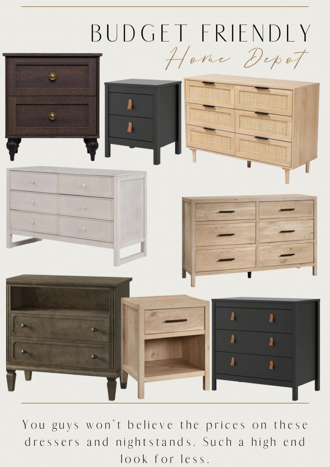 Budget friendly dressers and nightstands.

White wash nightstand. Natural wood dresser. Natural wood nightstand. Black nightstand. Black dresser. Dark brown nightstand. White dresser.

#LTKhome