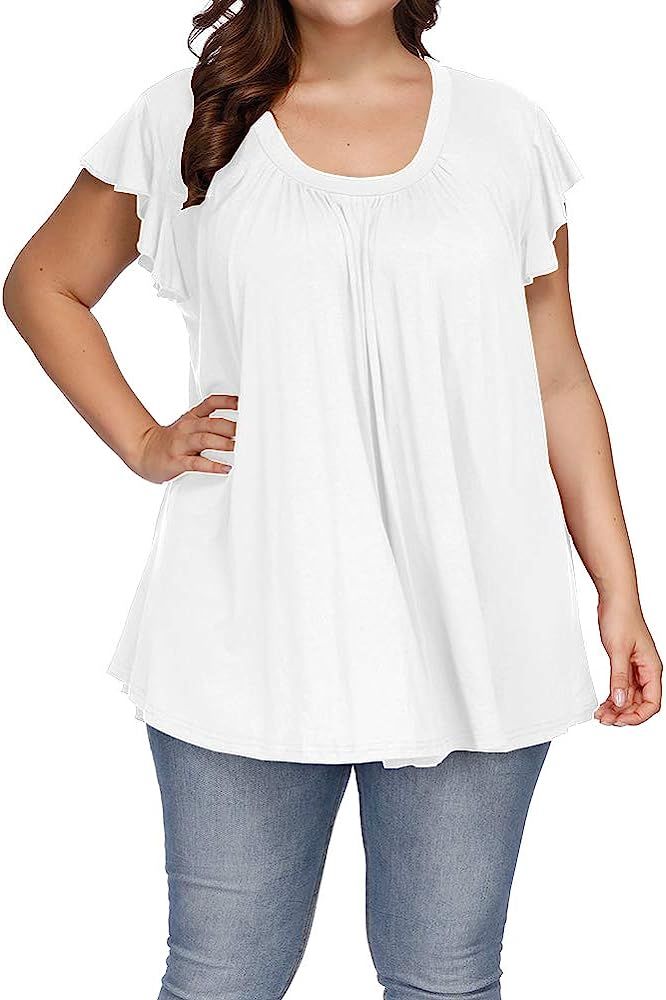 ALLEGRACE Women's Plus Size Top Short Sleeve Casual Ruffle Loose Pleated Flowy Summer T Shirts | Amazon (US)