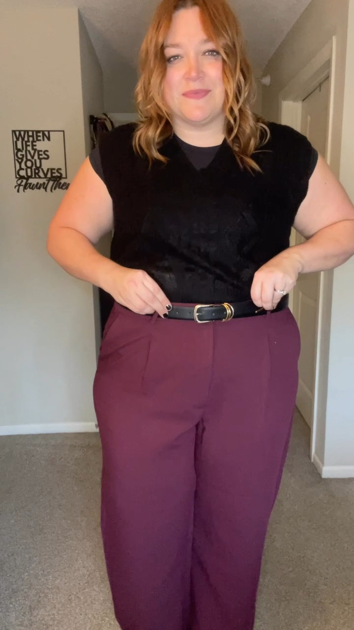 Work wear outfit for us girlies who love black. This dark burgundy colored pant is such a fun pop of color.

Wearing the XXL Tall as a US 18/20 pant who’s 5’10

Wearing US 18 in the vest and XXL in the top

#LTKWorkwear #LTKMidsize #LTKFindsUnder50