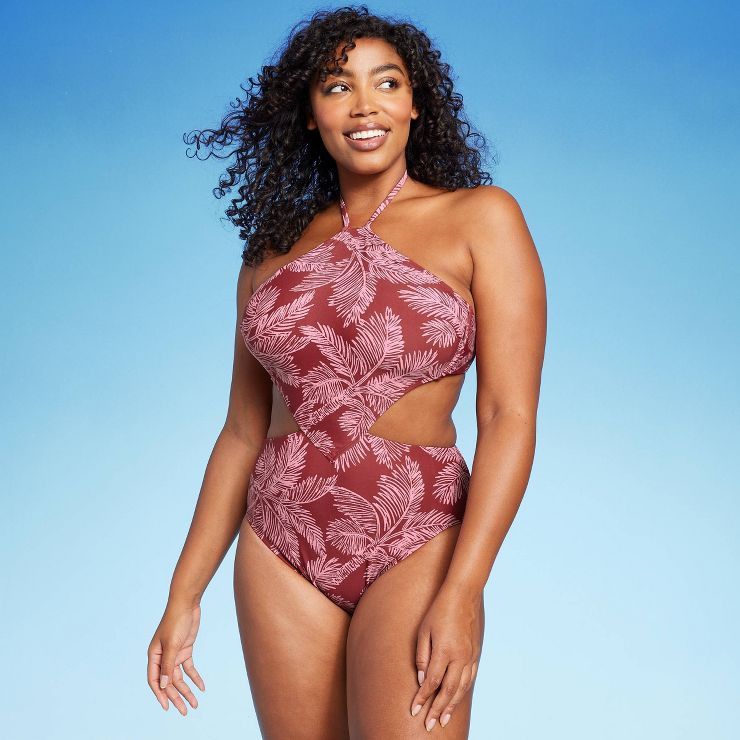 Women's Cut Out Halter One Piece Swimsuit - Shade & Shore™ Rust Palm Print | Target