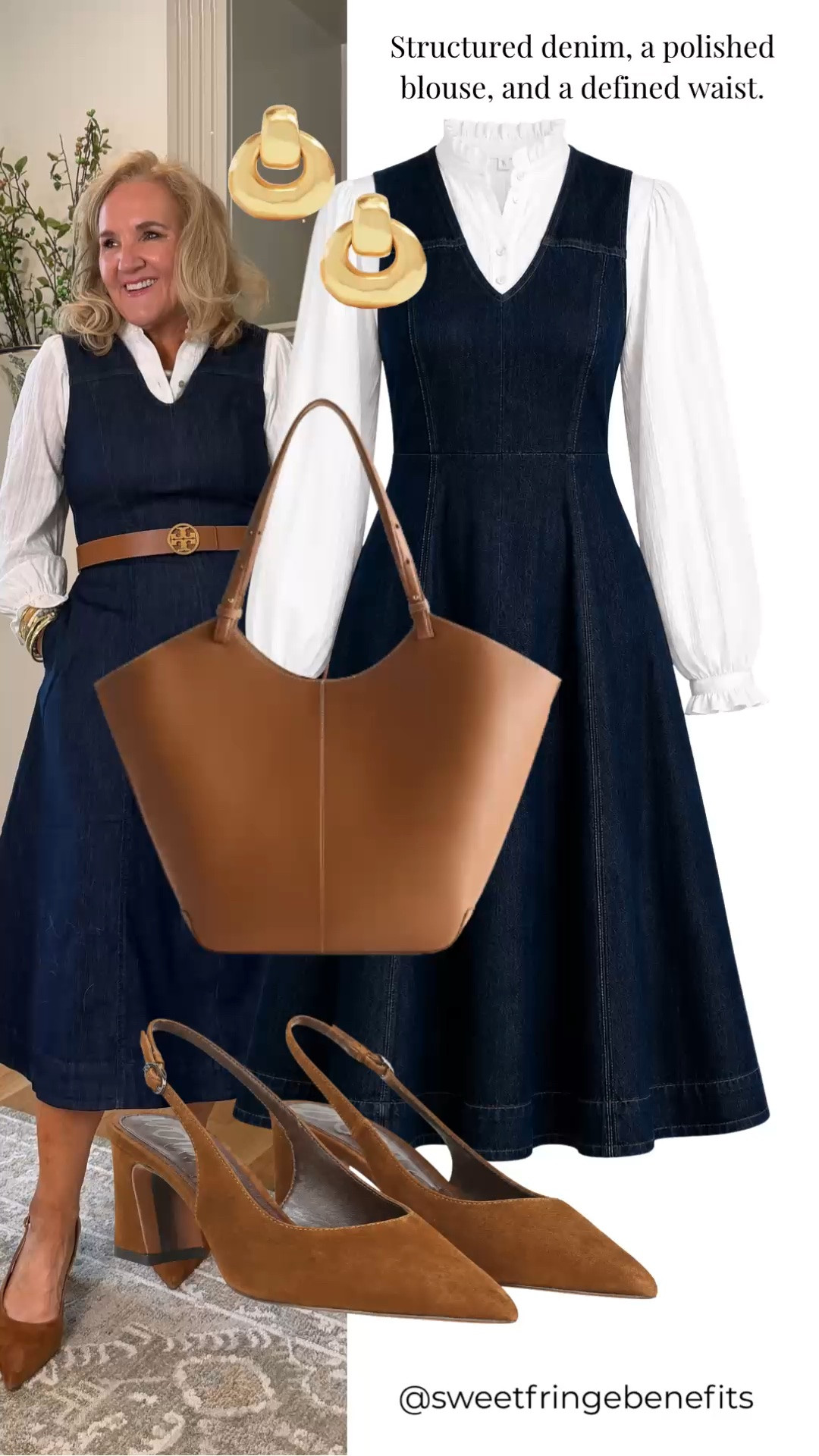 A structured denim dress paired with a crisp white blouse creates such a polished, timeless look. I love the defined waist and full skirt, especially with the rich cognac accessories and pointed slingback heels. It’s a classic combination that feels dressed up without being overly formal.

Note: Color of the shoes I'm wearing is not available anymore but there are other wonderful colors to choose from

💡 LTK MADE EASY
❤️ Heart = Support my posts!
🔖 Save = Get sale & restock alerts
📋 Lists = Keep favorites organized
📲 Share = Send lists and products to a friend. Hello, Christmas List!
💬 Comment = Ask me anything about what I'm wearing.:-)

#LTKdayinmylife #LTKootd #LTKOver40