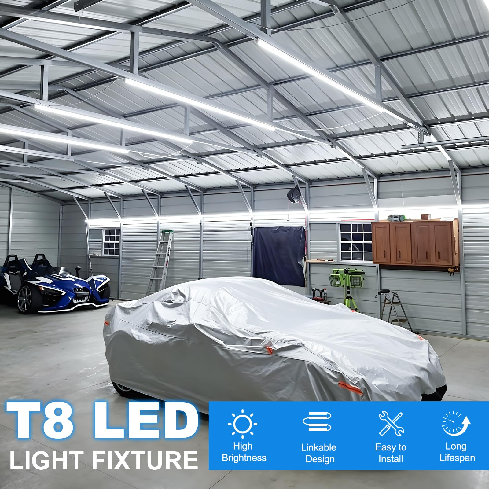 (Pack of 4) Linkable LED Utility Shop Lights for Garage, 6FT, 60W, LED Tube Ceiling Light T8 Integrated Single Fixture, 6000K, 8000LM Daylight V Shape, Basement, Offices, Clear Lens, Plug and Play - Amazon.com | Amazon (US)