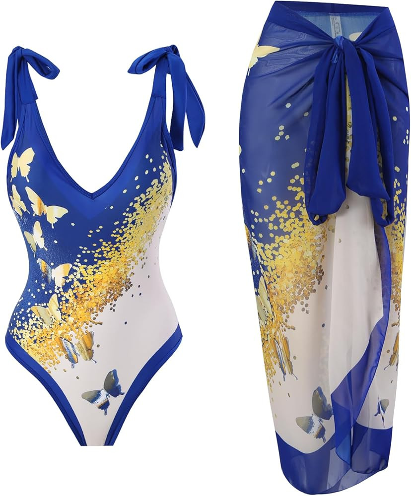 IDOPIP Women's One Piece Swimsuit with Beach Cover up Wrap Skirt Sarong Retro Floral Print Bikini... | Amazon (US)