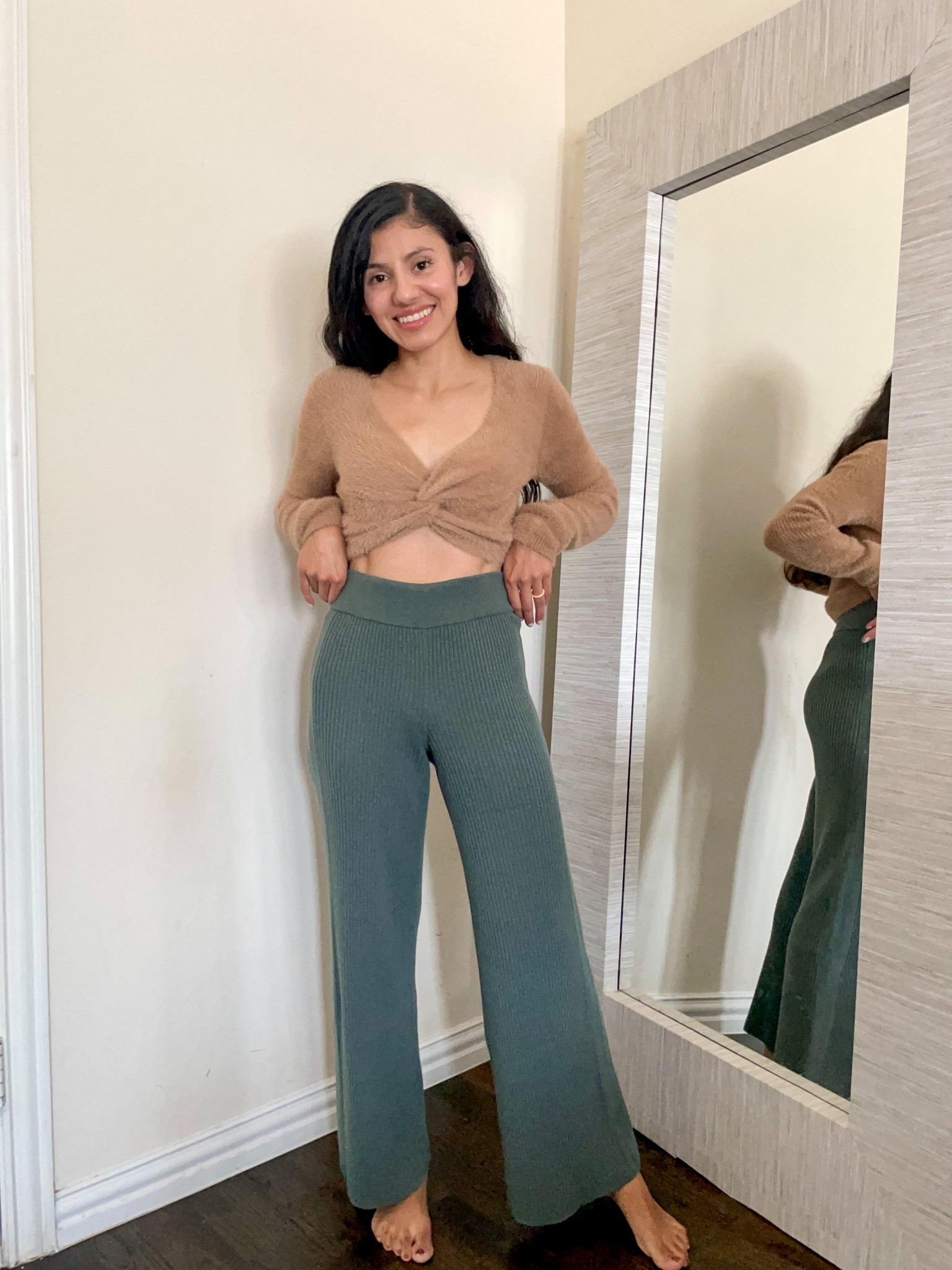 Cozy and comfy vibes! 
This reversible twist sweater  is so soft and fuzzy and these pants are extremely comfy! They material is so nice, thick and flattering! I couldn’t decide between these or the pink one and after trying them on I’m in love!😍 I’m definitely getting them in Pink next week during the Aerie LTKSale! LTKSale will be from September 21-24  

#LTKsalealert #LTKSeasonal #LTKSale