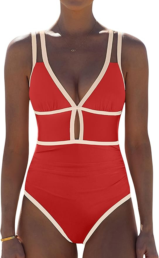 popvil Women One Piece Swimsuit 2026 Tummy Control Sexy Cutout Neon Color Block Bathing Suit Slim... | Amazon (US)