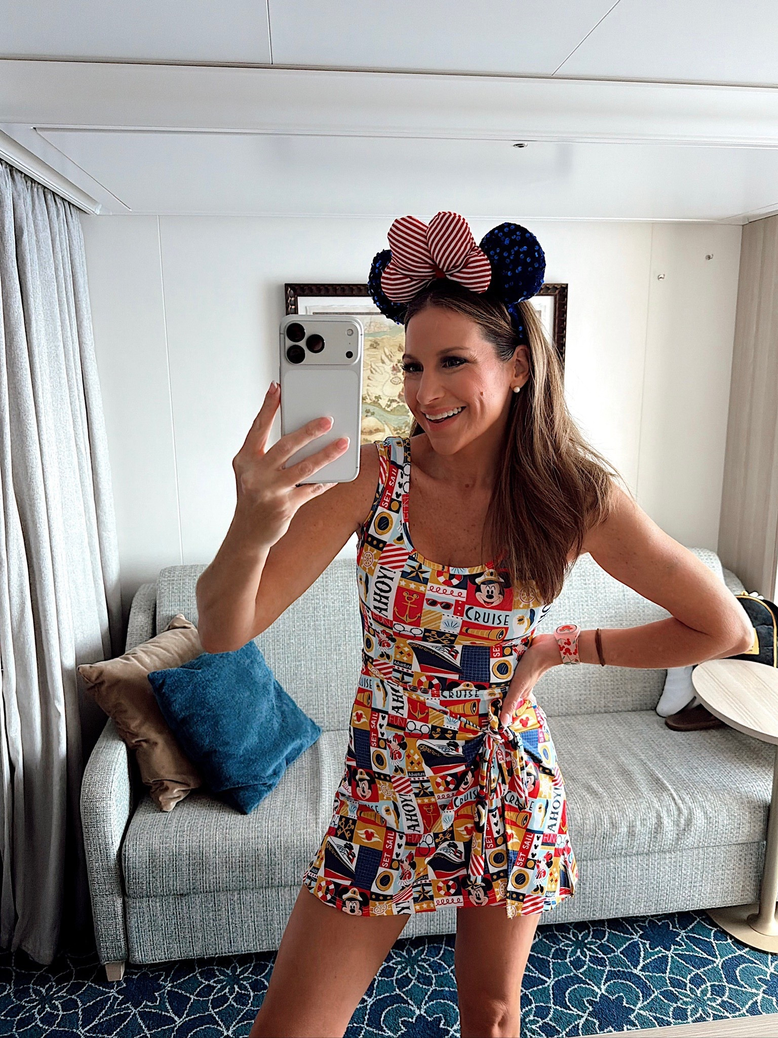Today’s Disney cruise ootd! In a small Etsy wrap dress, Etsy ears and accessories- fits tts.