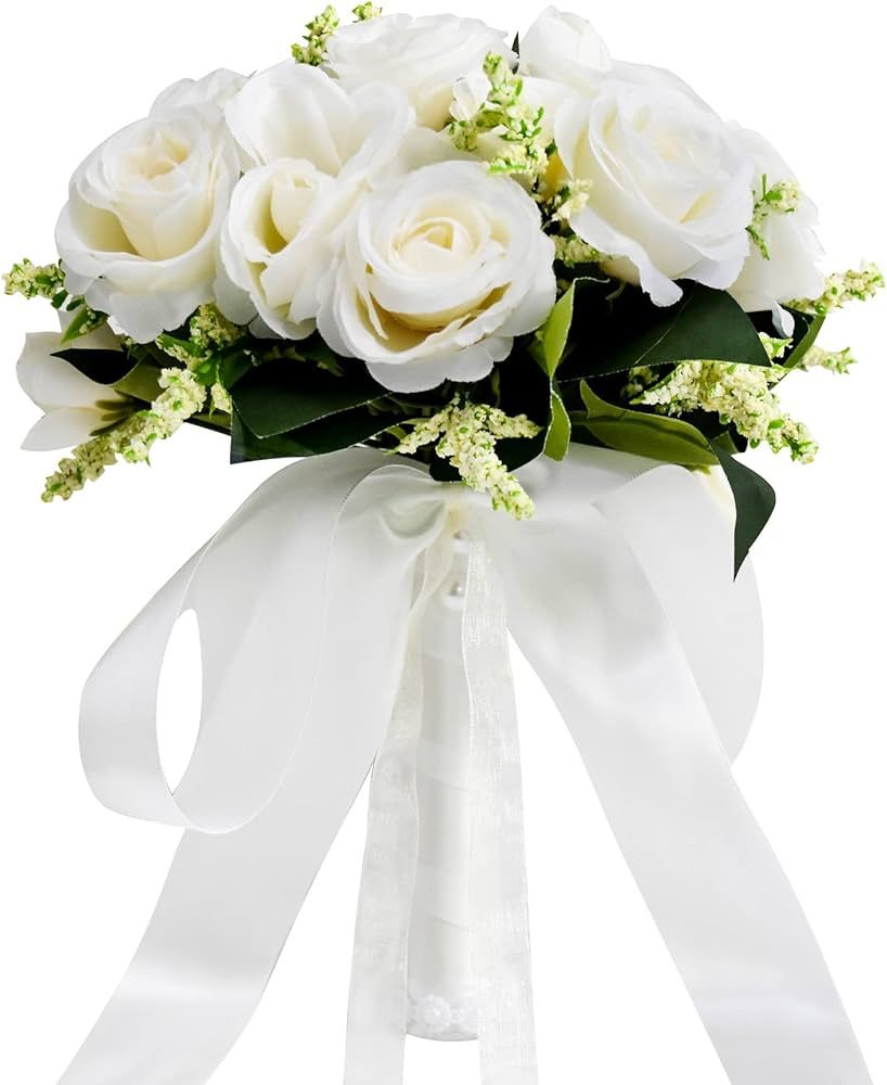 Wedding Bouquets for Bride Bridesmaid Bouquet Ivory Bridal Bouquet Artificial Roses for Wedding C... | Amazon (US)