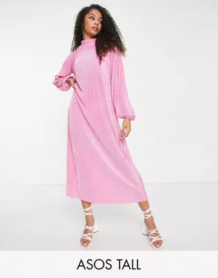 ASOS DESIGN Tall plisse high neck maxi dress in light pink | ASOS (Global)