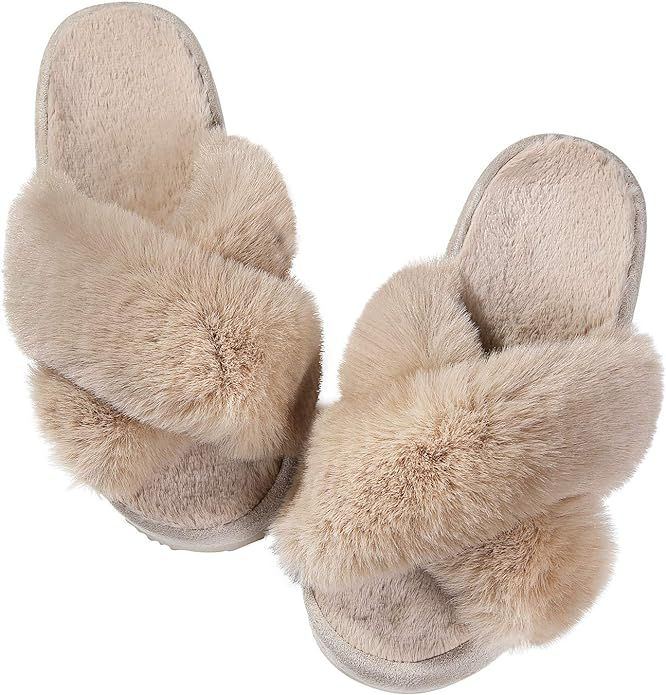 Amazon.com | Women's Soft Plush Lightweight House Slippers Fuzzy Cross Band Slip on Open Toe Cozy... | Amazon (US)