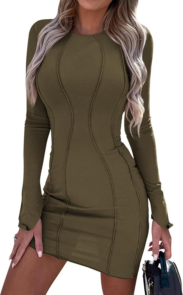 PRETTYGARDEN Womens 2023 Fall Bodycon Mini Dresses Casual Long Sleeve Solid Color Short Tight Lad... | Amazon (US)