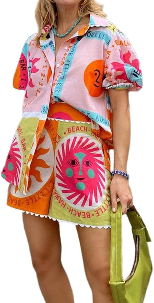 Women Graphic 2 Piece Shorts Set Short Sleeve Button V Neck Shirt Wide Leg Shorts Tropical Print ... | Amazon (US)