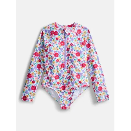 Wonder Nation Girls Zip Up Rash Guard One Piece Swimsuit with Long Sleeves, Sizes 4-18 | Walmart (US)