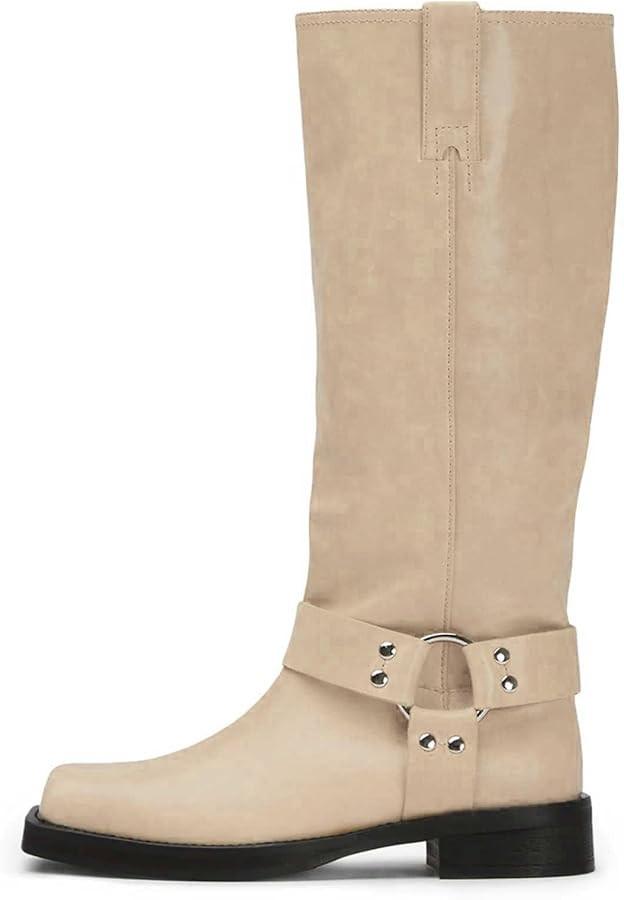 Women's Knee High Riding Boots Square Toe Moto Boots Low Heel Buckle Boots | Amazon (US)