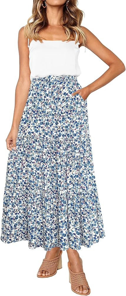 Afibi Womens High Waist A Line Ruffle Swing Long Maxi Skirt with Pockets | Amazon (US)