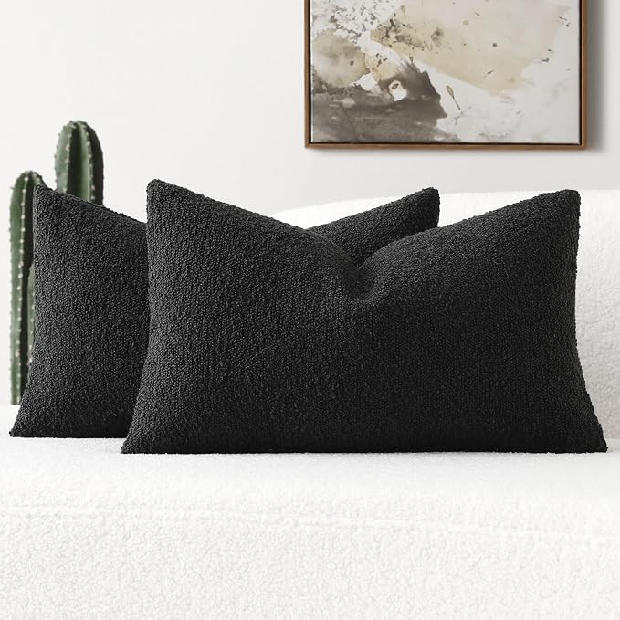FUTEI Pack of 2 Black Boucle Accent Decorative Throw Pillow Covers,12x20 Inch Soft Solid Textured... | Amazon (US)