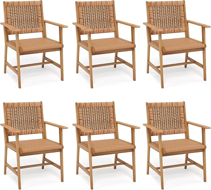 PHI VILLA Outdoor Acacia Wood Dining Chairs Set of 6, Armchairs with Strong Wicker Back & Seat, F... | Amazon (US)