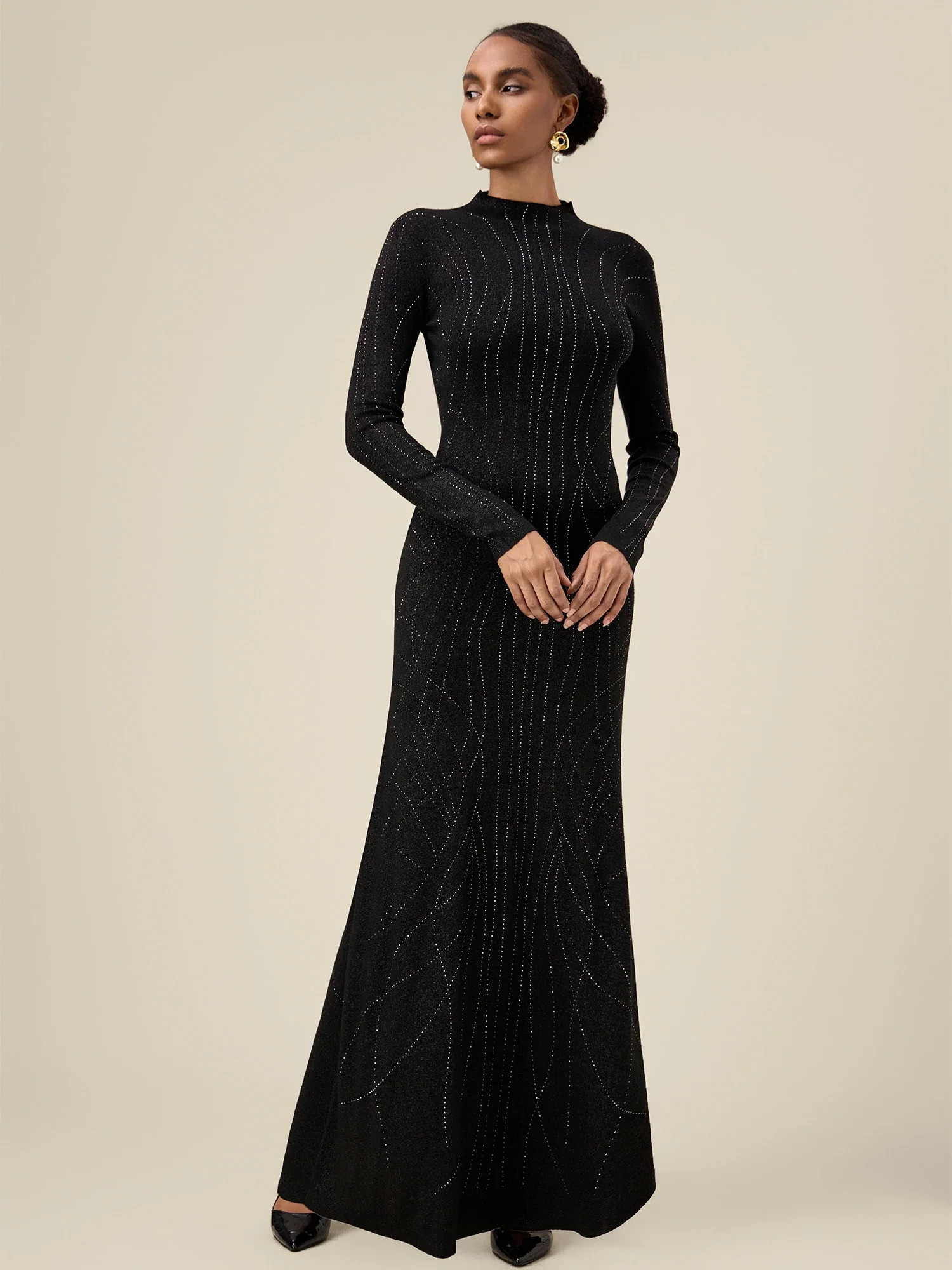 Amoretu Wool Mock Neck Rhinestone Backless Knit Dress | AMORETU