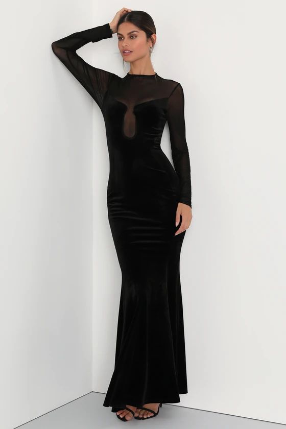 Alluring Fixation Black Velvet Mesh Long Sleeve Maxi Dress | Lulus (US)