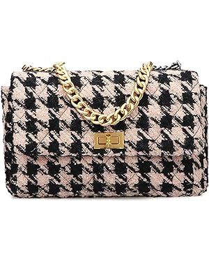 PU Leather Black And White Houndstooth Ladies Shoulder Bag Autumn And Winter Fashion Woolen Cloth... | Amazon (US)