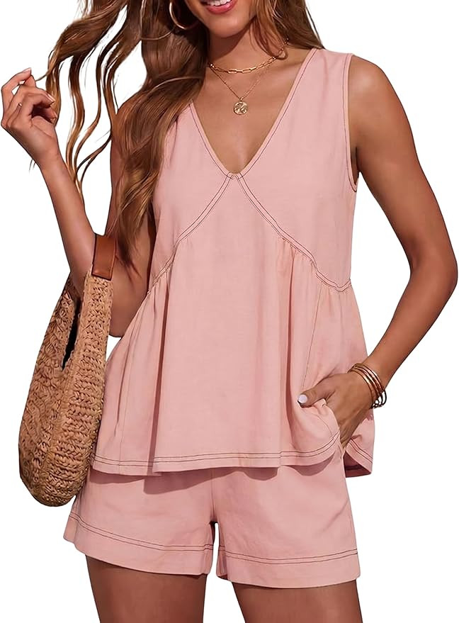 Amazon.com: Hooever Women's Sleeveless V Neck Ruffle 2 Piece Set Loose Tunic Top with Shorts Summ... | Amazon (US)