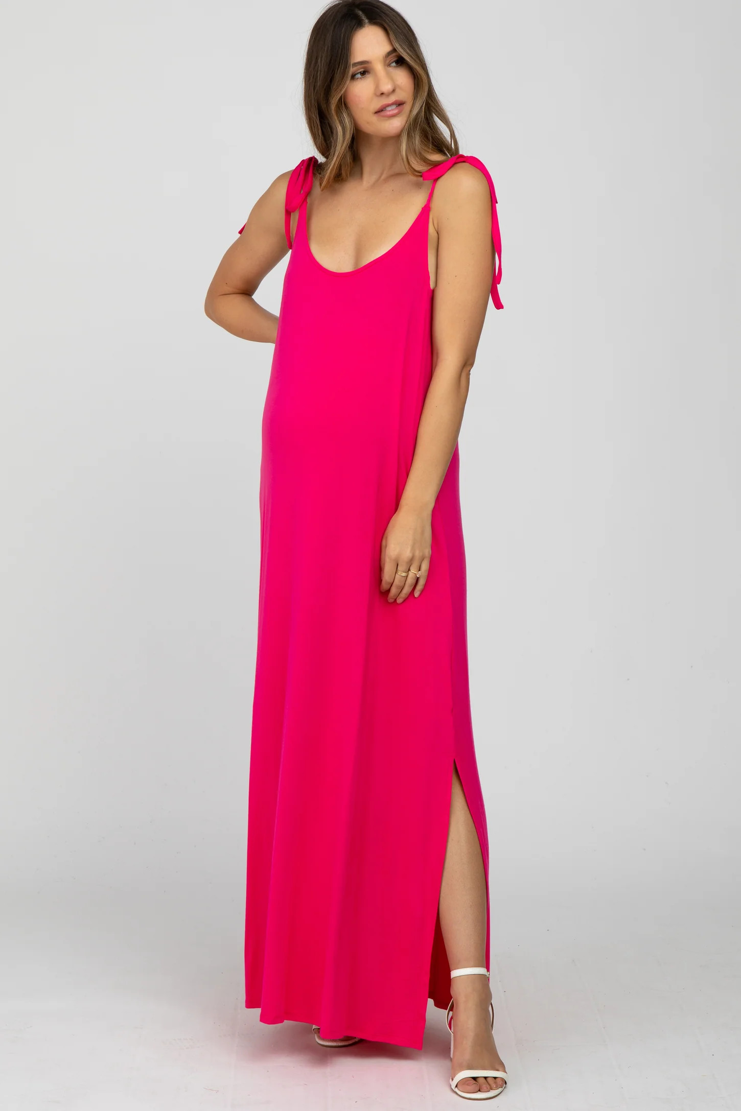 Fuchsia Tie Strap Side Slit Maternity Maxi Dress | PinkBlush Maternity