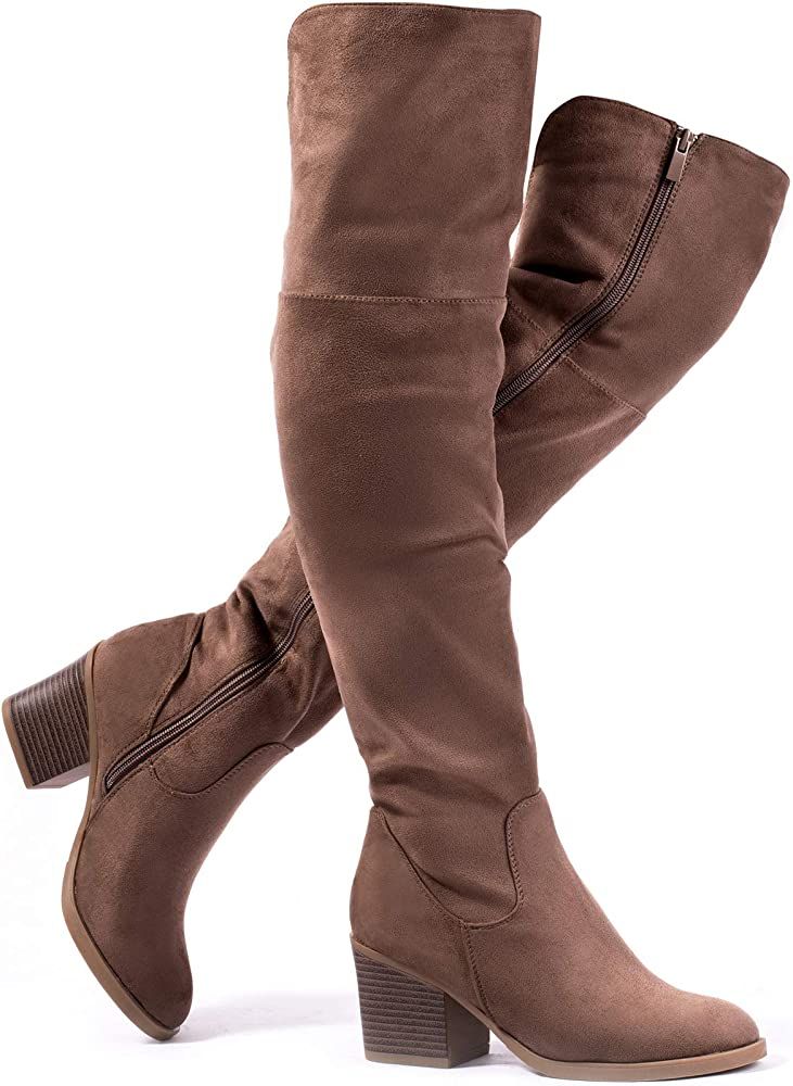 Amazon.com | katliu Women's Thigh High Boots Sexy Stacked Block Heel Boots Over the Knee Khaki 9 ... | Amazon (US)