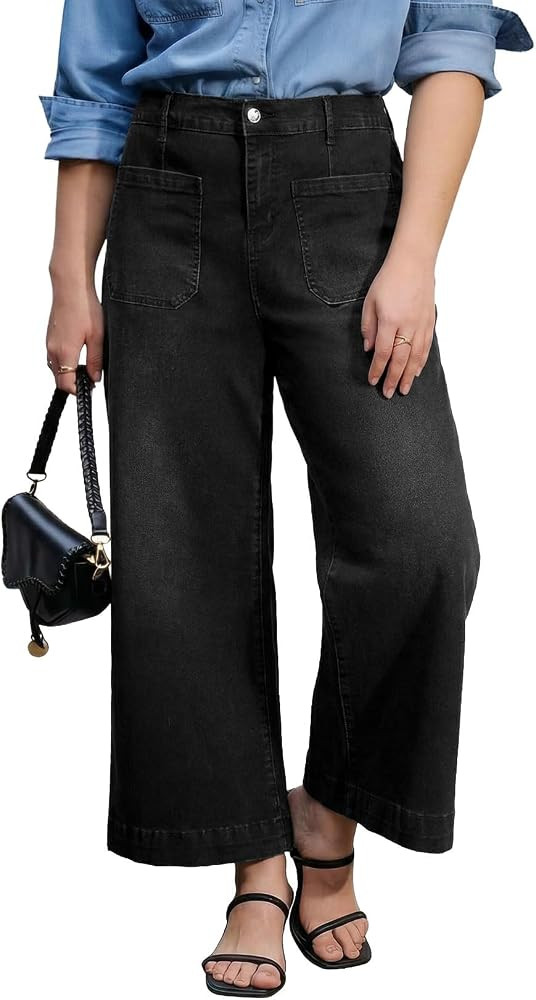 Eytino Womens Plus Size Jeans High Waisted Cropped Denim Pants with Pocket | Amazon (US)
