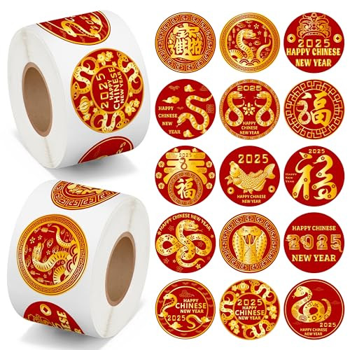 BeYumi Chinese New Year Stickers - 1000Pcs Chinese New Year 2025 Stickers for Kids in 2 Rolls Year of The Snake Sticker Decorations Gold Snake Labels Waterproof Vinyl Decal for Candy Gift Party Decor | Amazon (US)