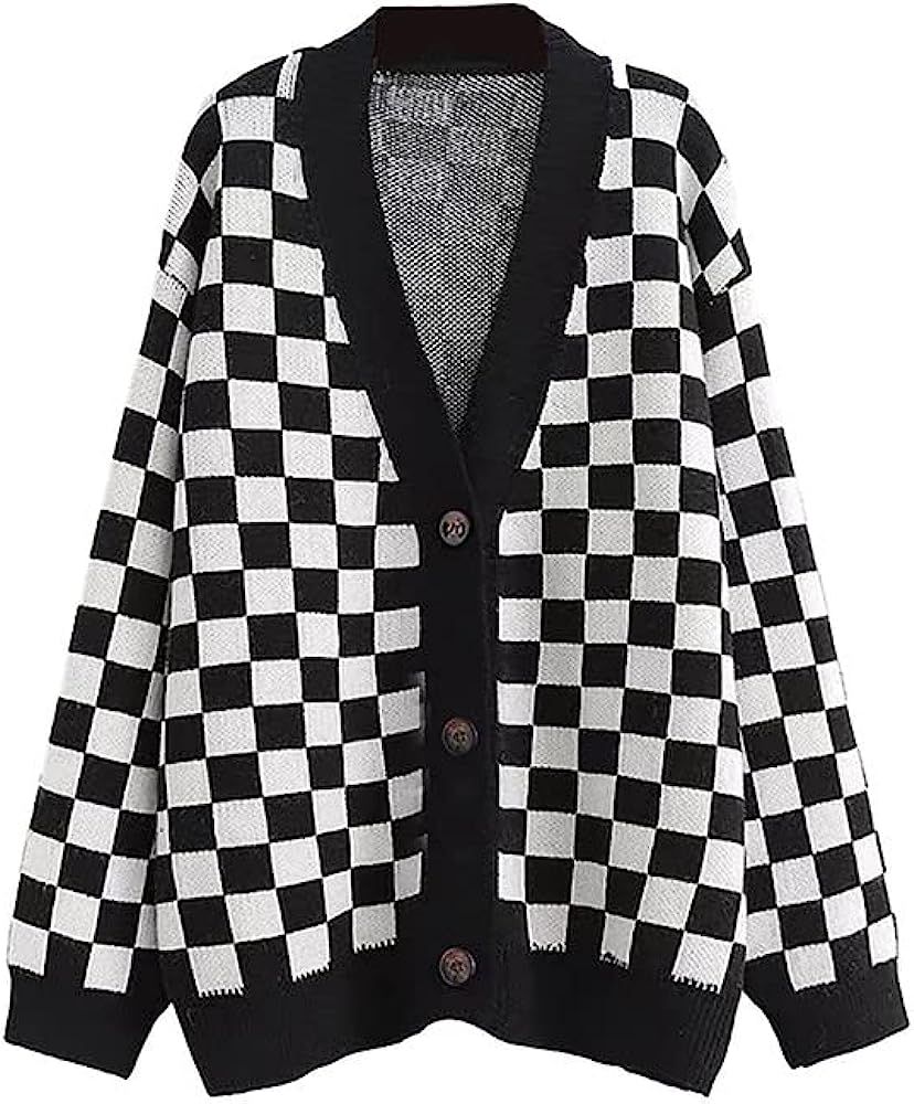 CORIRESHA Women's Fall Checkered Long Sleeve Cardigan Sweet Cute Cozy Knit Sweater Coat | Amazon (US)
