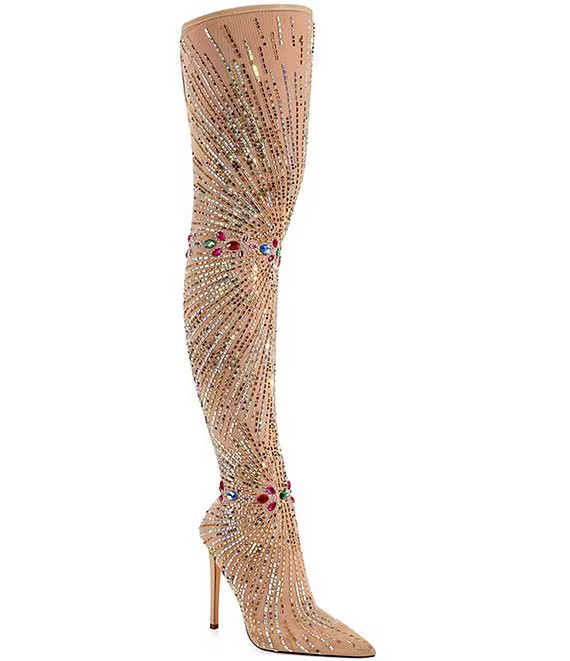 Azalea Wang Chevelle Stretch Mesh Rhinestone Thigh High Dress Boots | Dillard's | Dillard's