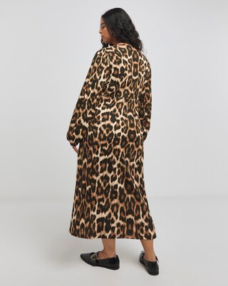 Leopard Print Long Sleeve Waffle Lace Trim Midi Dress | Simply Be (UK)