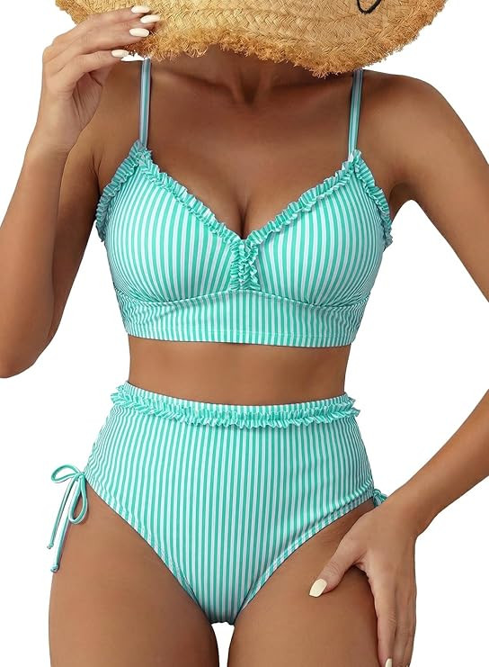 Herseas Women's Splice Ruffle Trim Bikini Sets Tie Side Swimsuits High Waisted Bathing Suits | Amazon (US)