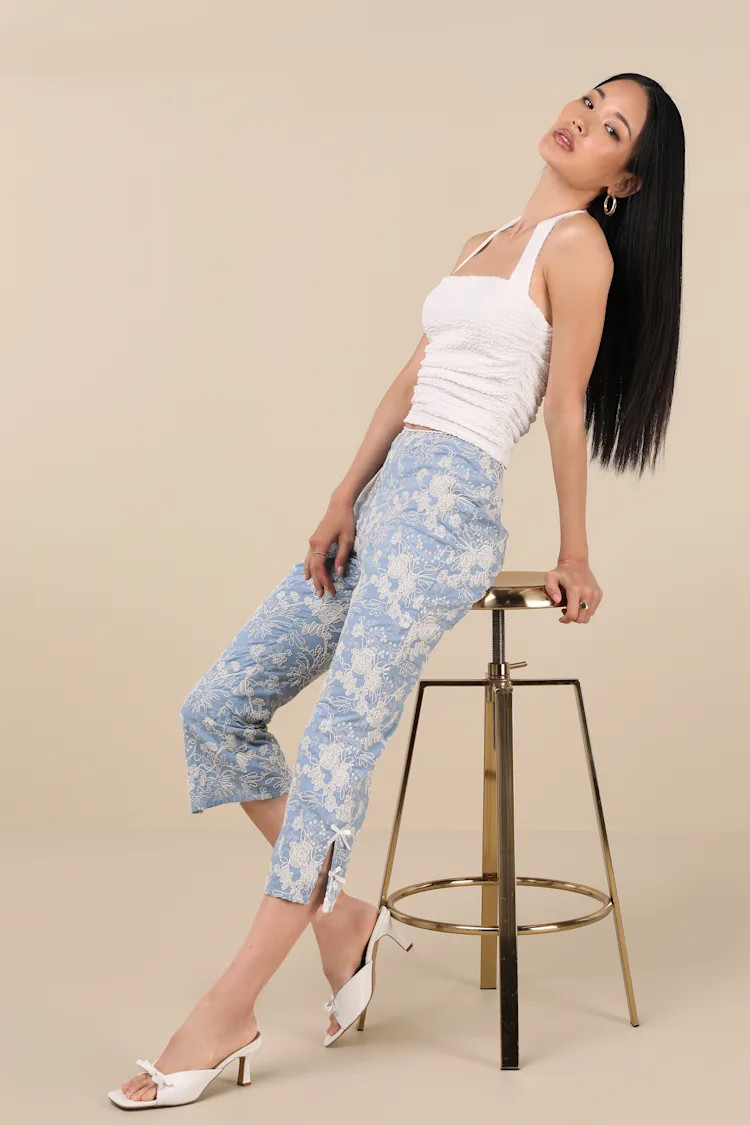 Tana Light Blue Embroidered Capri Pants | Lulus