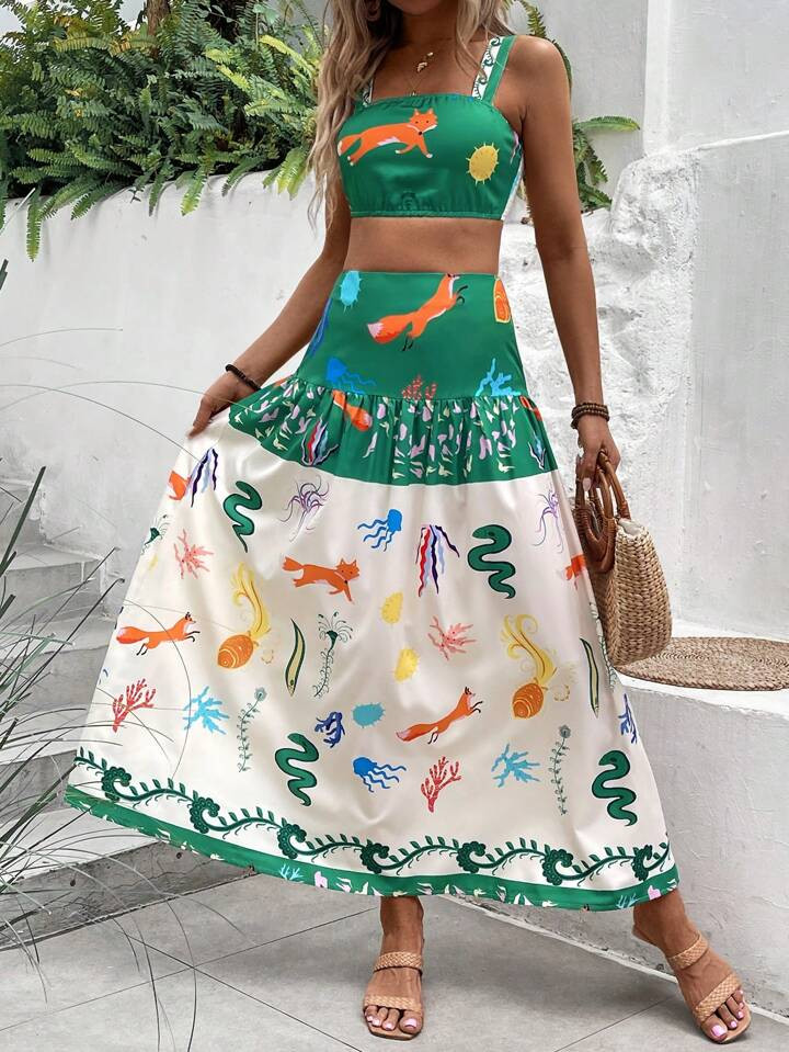 SHEIN VCAY Ladies' Two Piece Set: Spaghetti Strap Crop Top & A-Line Skirt | SHEIN