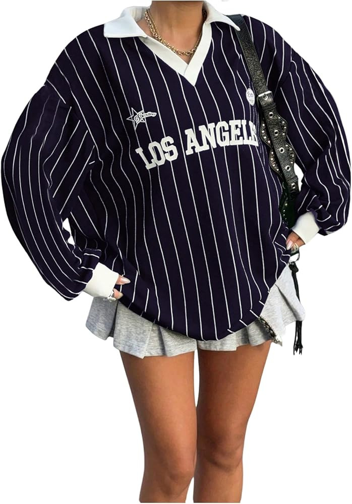 SOLY HUX Women's Oversized Tees Striped Letter Print Y2k Jersey T Shirt Collar V Neck Long Sleeve... | Amazon (US)