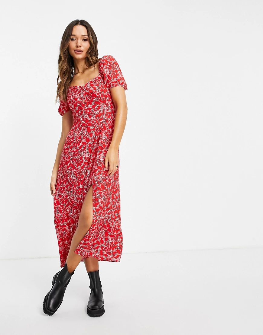 & Other Stories ecovero ruched front floral print midi dress in red | ASOS (Global)