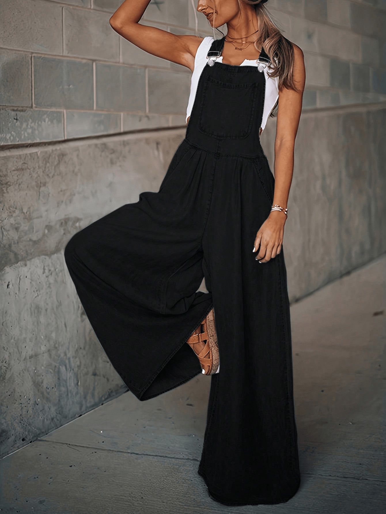 Women's Loose Adjustable Shoulder Strap, Wide Leg Denim Shoulder Strap, Overall Denim Pants, Long... | SHEIN