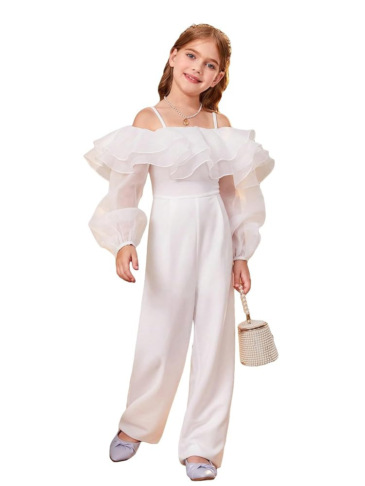 WDIRARA Girl's Contrast Mesh Elegant Ruffle Trim Jumpsuit Cold Shoulder Spaghetti Strap Long Romp... | Amazon (US)