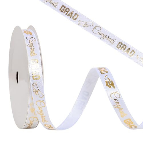 Ribest Class of 2025 Graduation Ribbon, Gold Congrats Grad White Satin Ribbon for Gift Wrapping Crafts Party Decoration, 3/8 Inch × 10 Yard | Amazon (US)