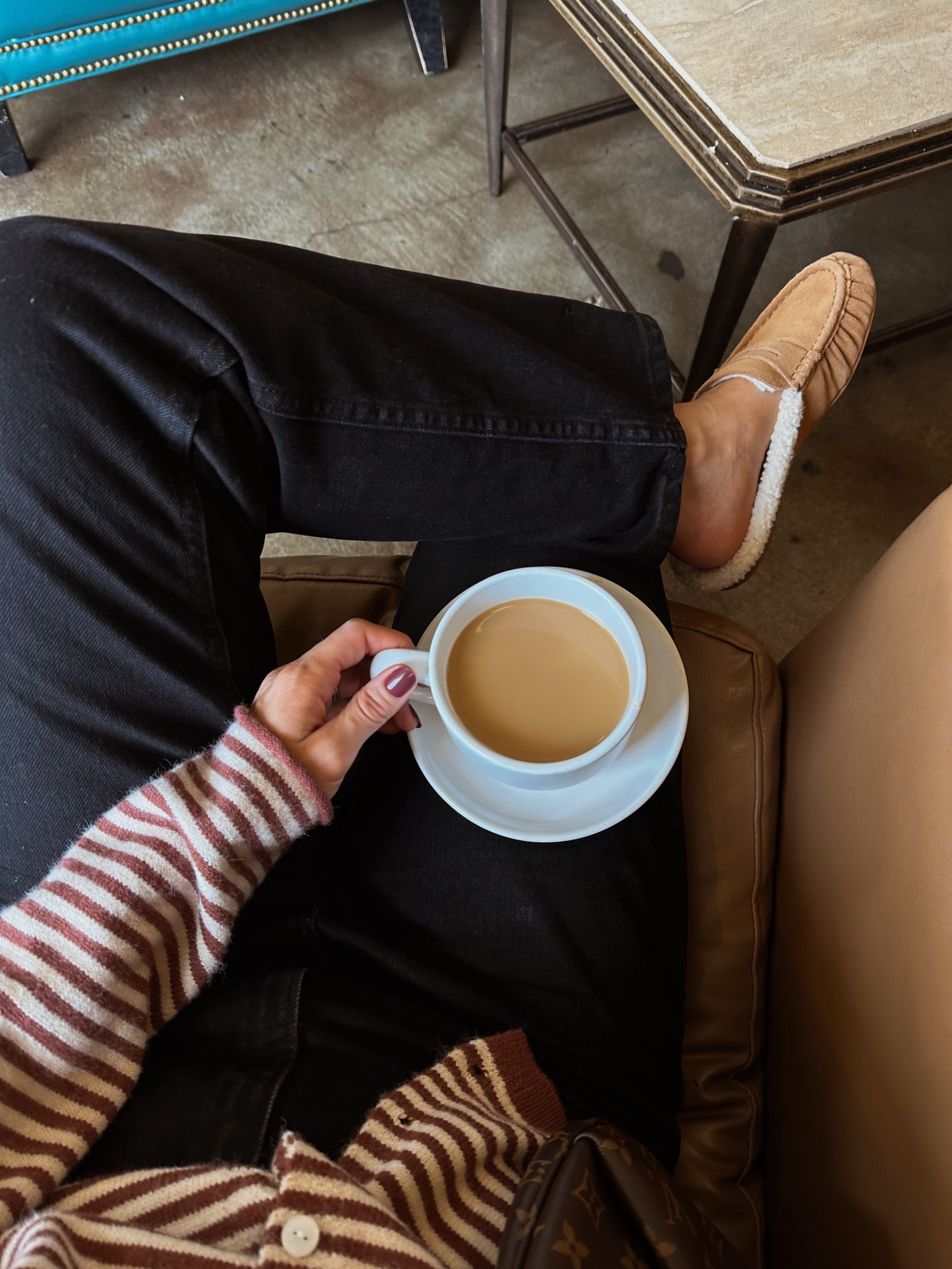 Sherpa mules are 30% off! TTS
Amazon striped cardigan 
Abercrombie straight leg jeans 
Fall outfit