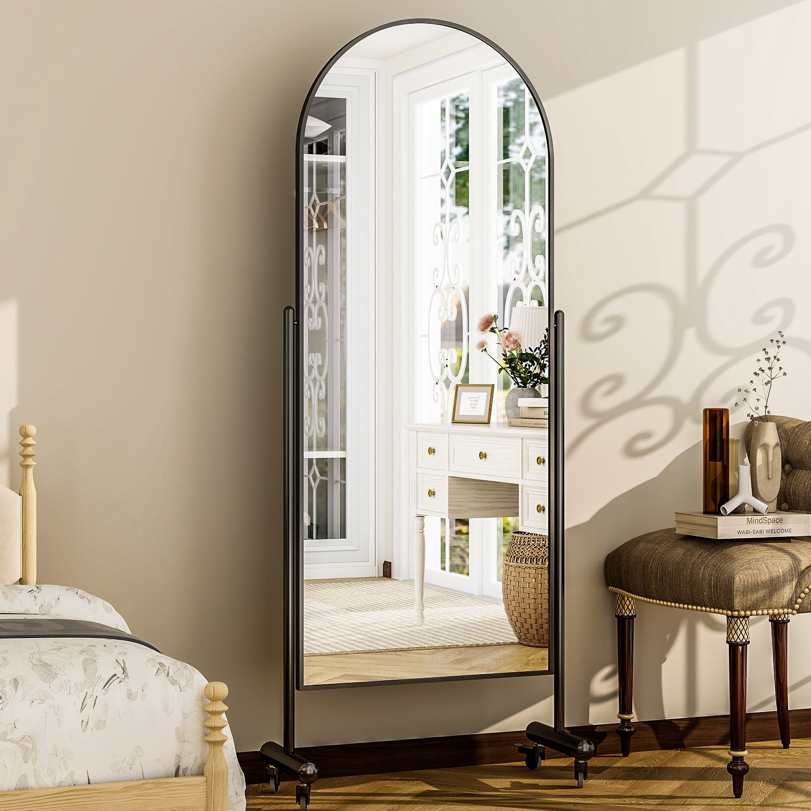 BEAUTYPEAK 23"x68" Full Length Arch-Top Mirror with 4 Wheels Free Standing Mirror,Black | Walmart (US)