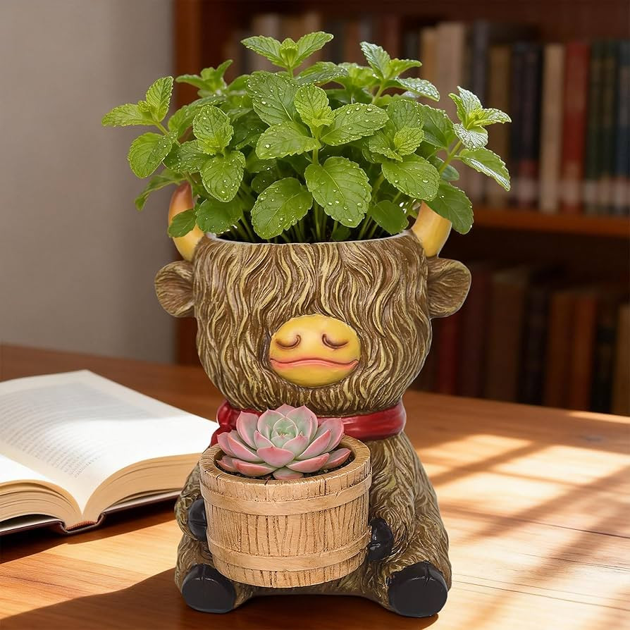 Highland Cow Succulent Planter Decor - Cute Resin Flower Pot for Indoor Plants(Drainage Hole and ... | Amazon (US)