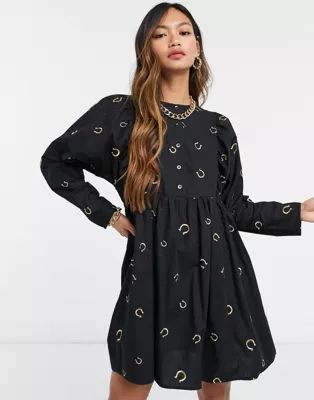 ASOS DESIGN button through smock mini dress with horse shoe embroidery in black | ASOS (Global)