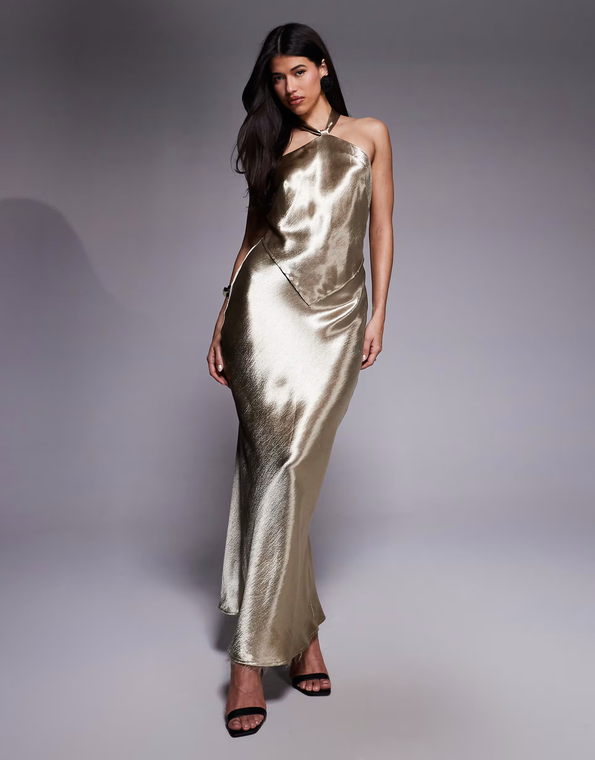 Aria Cove hammered satin knot front halterneck scarf hem detail maxi dress in gold | ASOS (Global)