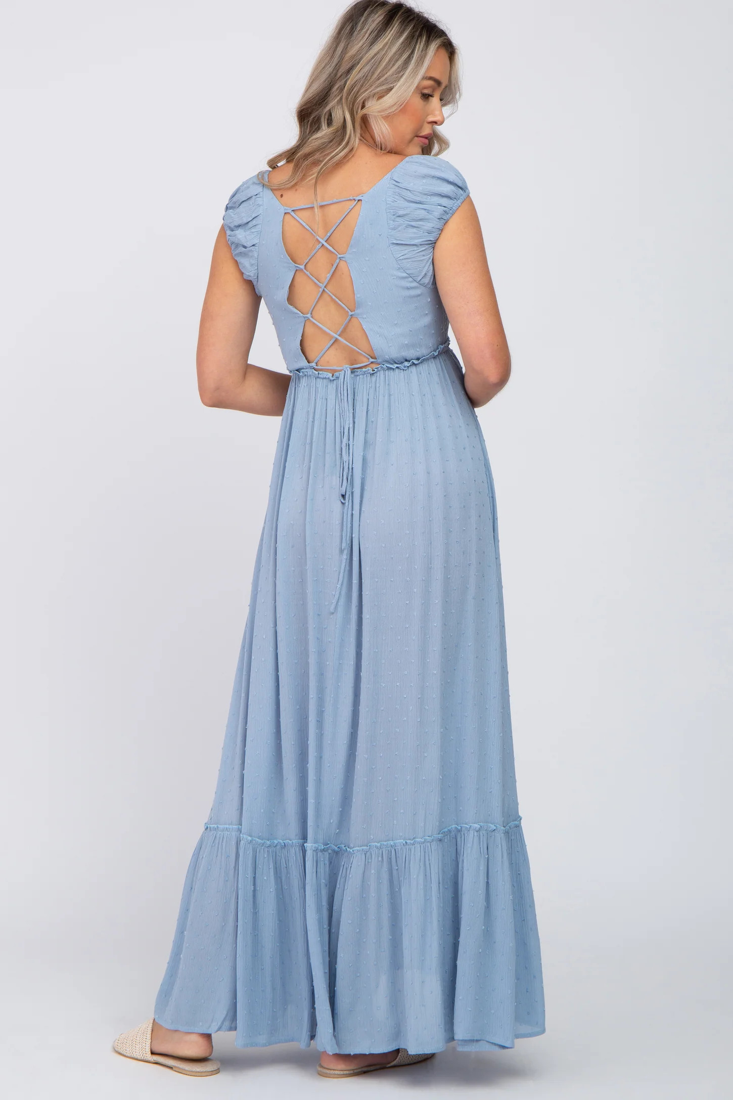 Blue Dotted Smocked Square Neck Criss Cross Back Maternity Maxi Dress | PinkBlush Maternity