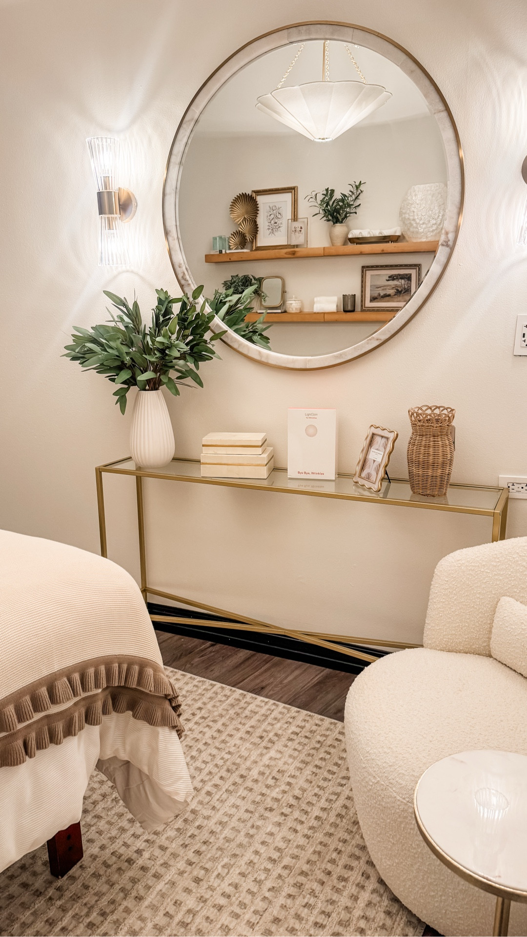 Spa treatment room
Neutral decor
Eucalyptus stems
Artificial greenery 
Mid-century modern wall lights with crystal glass
Brushed brash fluted scones
Wall light fixture
Rubbed sconces
Bathroom vanity wall sconce
Gold glass fluted vanity lights
Pendant light
Scalloped shade chandelier
Alana pendant light
Inverted shade 
Antique brass chandelier 
Upward lighting chandelier 
Scallop light fixture 
Gold console table
Glass console table
Bouclè swivel chair
Pinch pleat curtains
Gold curtain rod 

#LTKHome #LTKselfcare #LTKOver40