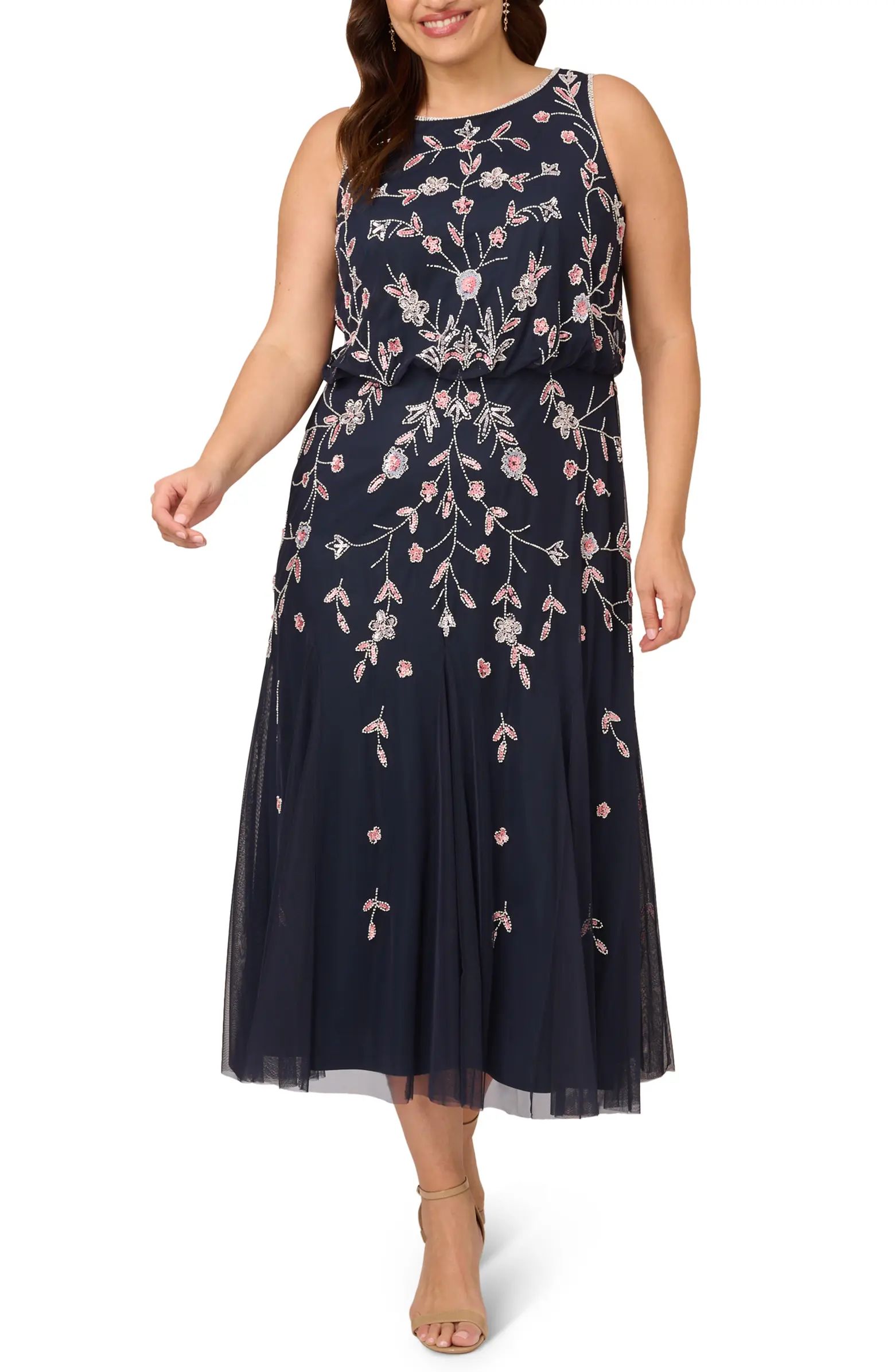 Adrianna Papell Floral Embellished Mesh Midi Gown | Nordstrom | Nordstrom