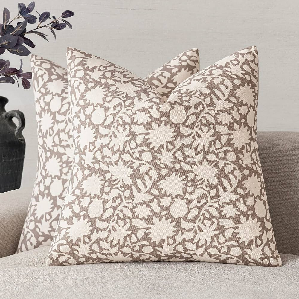 Foindtower Set of 2 Decorative Neutral Floral Throw Pillow Covers Accent Farmhouse Cushion Covers Boho Vintage Pillowcase for Couch Sofa Bedroom Living Room Home Decor Outdoor,20×20 Inch,Tan | Amazon (US)